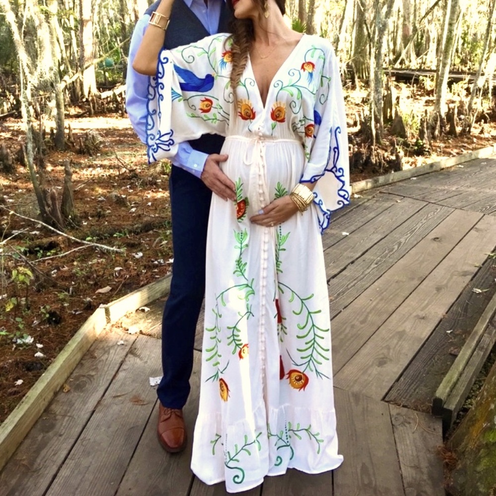 Embroidered White Kimono Bohemian Kaftan Maternity Dress